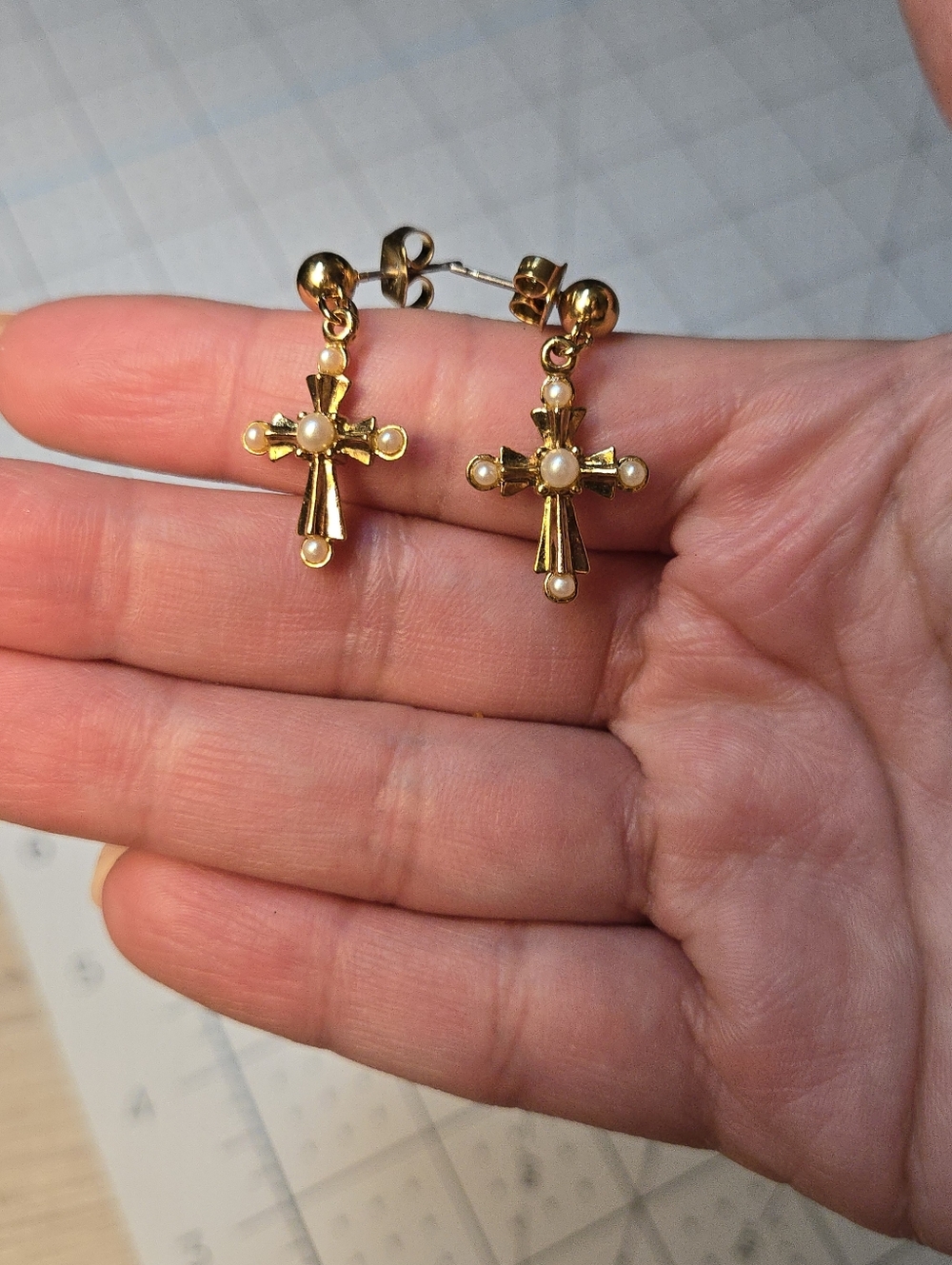 Vintage Gold Cross Earrings Faux Pearl Dangle Dainty Drop Stud Earrings